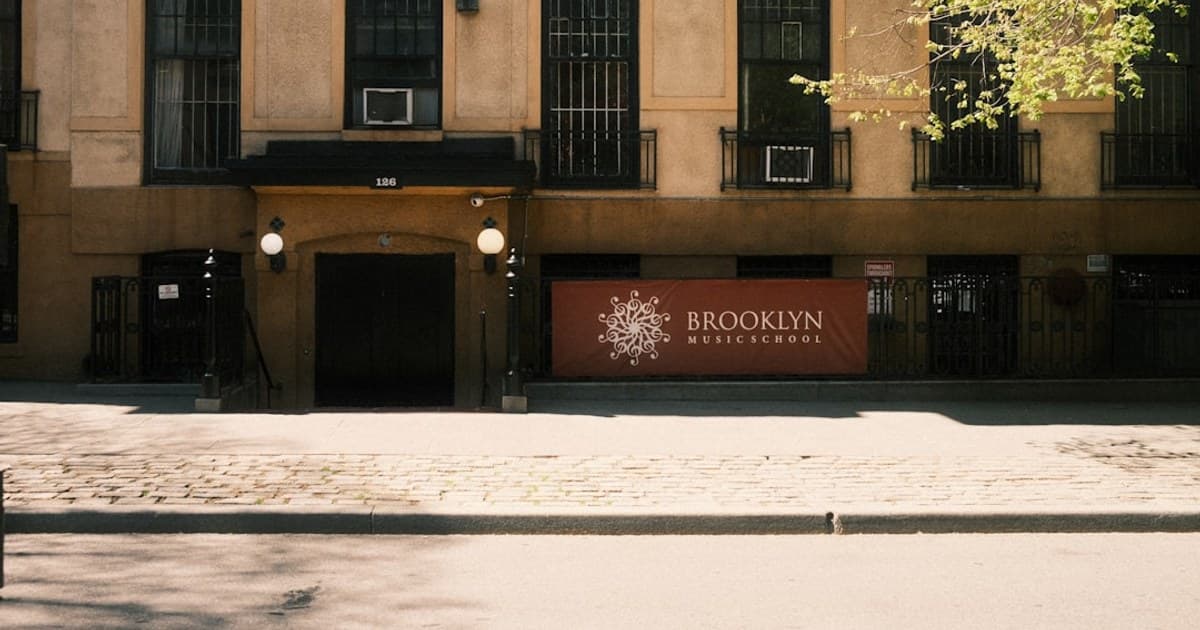 Brooklyn academy of music entrance with red banner