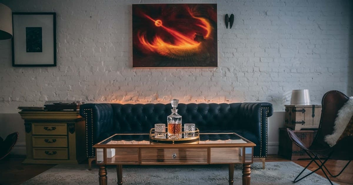 filled decanter on coffee table