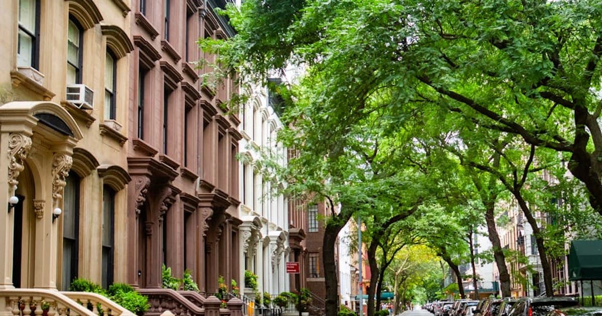 A picturesque view of a tree-lined brownstone street in Brooklyn, New York.