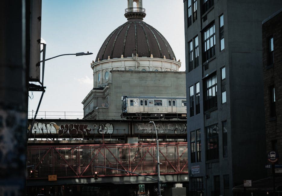 A train crossing a graffiti-covered bridge with a historic dome in the background, capturing urban NY charm.