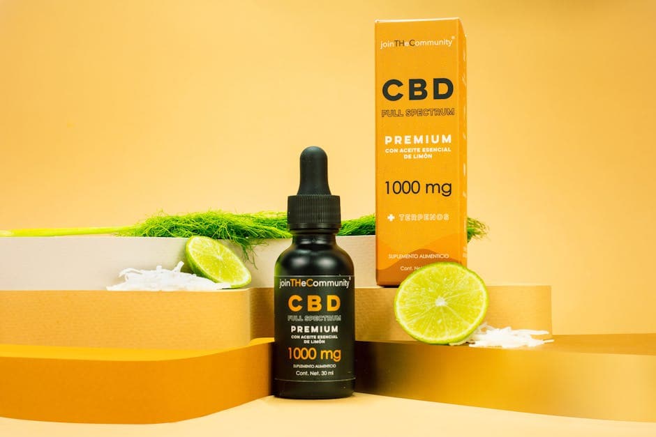 Premium CBD full spectrum serum with lime essential oil displayed on a vibrant yellow background.